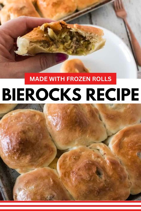 Here is the easiest Bierocks Recipe! To speed up the prep of homemade Bierocks, you will use frozen dinner rolls—ground beef and cabbage! This is a freezer friendly meal if you like to meal prep. An easy ground beef recipe idea for you to make any time of the year. #groundbeef #bierocks #frozendinnerrolls #easy #mealprep #freezerfriendly Easy Frozen Dinners Freezer Meals, Easy Beirrocks, Frozen Rhodes Rolls Recipes, Bierocks Recipe Easy Rhodes Rolls, Bierocks Recipe Easy, Freezing Meals, Bierocks Recipe, Homemade Bread Dough, Frozen Dinner Rolls