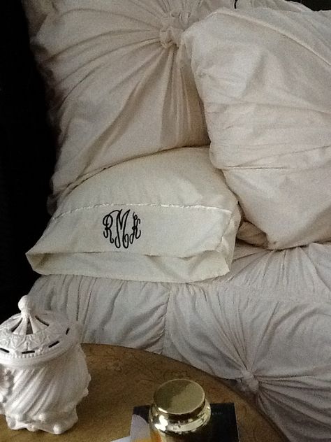 Monogram Pillows On Bed Master Bedrooms, Monogrammed Pillowcase, Monogrammed Pillows, Monogram Pillowcase, Monogram Bedding, Ideas For Embroidery, Cylinder Pillow, Crosby Stills, Machine Embroidery Tutorials