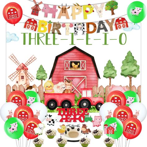 PRICES MAY VARY. Package Includes: The farm 3rd birthday decorations include 15 x latex balloons 12 inches, 1 x farm animal happy birthday banner, 1 x three-i-e-i-o backdrop 3 x 5 ft, 1 x three-i-e-i-o cake topper, 12pcs farm animal cupcake toppers, one pack can meet your various needs for farm 3rd birthday party Three-i-e-i-o Backdrop: This three-i-e-i-o backdrop is printed clear, vibrant and high resolution. The size of this backdrop is 3 x 5 ft, and it is made of lightweight, and durable viny 3rd Birthday Cow Theme, Three I E I O Birthday Party, 3rd Party Themes, E-i-e-i-o Party, Three Year Old Birthday Party Ideas, Three Ieio Theme, Twin 3rd Birthday Ideas, 3rd Birthday Theme Ideas Girl, Three Year Old Birthday Themes