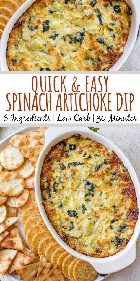 This easy spinach artichoke dip is perfectly rich and cheesy, full of delicious artichokes and spinach and is always a hit with any crowd at a party, holiday or gathering. It's an appetizer that takes very little hands on time, only 6 ingredients and baked in a half hour. This version is made with mayo for added creamy texture and keeps it gluten free, low carb and keto! #spinachartichokedip #holidayappetizer #lowcarbrecipes #lowcarbdip #spinachdip #artichokedip Easy Spinach Artichoke Dip, Healthy Spinach Artichoke Dip, Spinach Artichoke Dip Easy, Small Slow Cooker, Spinach Artichoke Dip Recipe, Artichoke Dip Recipe, Artichoke Recipes, Low Carb Appetizers, Quick Appetizers