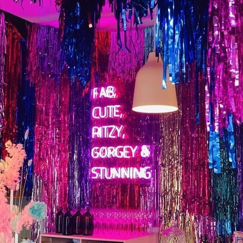 Ceiling Decor For Party, Party Photoshoot Background, Disco Chic Party, Glitter Party Decor, Y2k Decorations, Neon Disco Party, Rachel Burke, Neon Disco, Disco Birthday Party