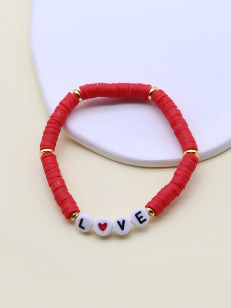 Red Bracelet Clay Beads, Red Bracelet Ideas Clay Beads, Red Clay Bracelet, Red Clay Bead Bracelet Ideas, Red Clay Bead Bracelet, Ideas De Pulseras Aesthetic, Pulseras Aesthetic, Red Keychain, Team Bracelets