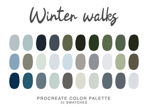 Winter walks Procreate color Palette, iPad Procreate Illustration, color swatches for winter Procreate Art door VIBESLABEL op Etsy Winter Forest Color Palette, Procreate Palates, Winter Color Swatches, January Color Palette, Color Palette Winter, Walks Aesthetic, Aesthetic Color Palette, Winter Palette, Procreate Color Palette