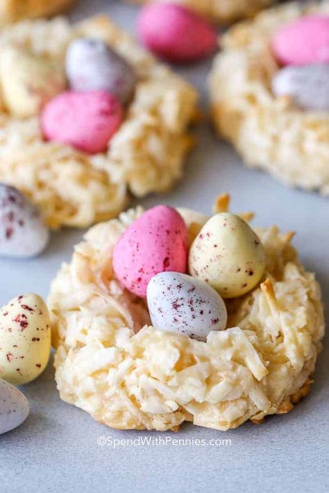 Birdsnest Cookies, Bird Nest Recipe, Kid Friendly Cookie Recipes, Kid Friendly Cookies, Birds Nest Cookies, Easter Birds Nest, Easter Cookie Recipes, Coconut Cookies Recipes, Easy Easter Desserts