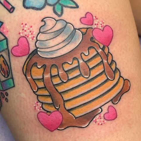 ✩Kassidy Autumn✩ on Instagram: "Pancakes I got to do for Baylee yesterday. I’m accepting booking submissions til the end of the day today for February/March appointments💕 #tattoo#colortattoo#kawaii#kawaiitattoo#pancakes#foodtattoo#cincinnati" Pancake Tattoo, American Traditional, Old School Tattoo, Jesus Fish Tattoo, Cincinnati, Tatting, Pancakes, The End, The Day