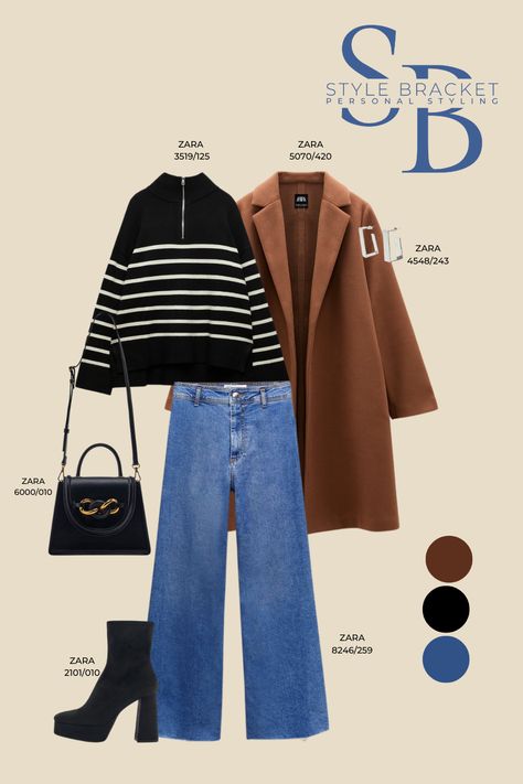 A fashion look created by Janie J. featuring black/white zip-stripped sweater, mid-camel cloth coat, straight jeans and platform heeled ankle boots. Browse and shop this look. #womenswear #womenfashion #ootd #camelcoat #straightjeansoutfit #platformheels #anklebootsoutfit #zipsweateroutfit #styleinspo #strippedsweater #zara Stripped Sweater Outfits, White Striped Sweater Outfit, Black Platform Ankle Boots, Sweater Street Style, Camel Coat Outfit, Striped Sweater Outfit, Cloth Coat, Autumn Street, Outfit Inspiration Women