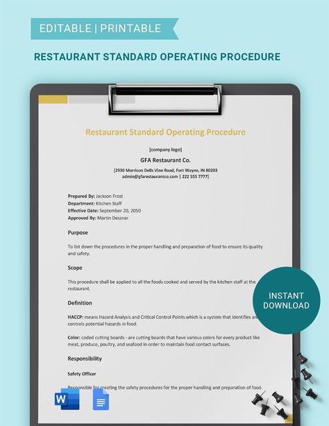 Restaurant Standard Operating Procedure Template Procedure Template, Standard Operating Procedure Template, Hazard Analysis, Standard Operating Procedure, Cooking Pizza, Google Docs, Word Doc, Microsoft Word, Microsoft