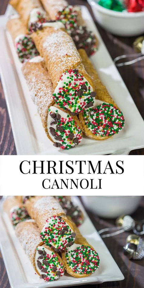 Leave a cannoli for Santa this year!  These Christmas Cannoli are a fun (and easy) way to mix up the traditional Christmas cookie plate. Celebration Recipes, Christmas Cookie Plate, Hanukkah Desserts, 2024 Holidays, Baked Snacks, Traditional Christmas Cookies, Cannoli Recipe, Holiday Baking Recipes, Cookie Plate