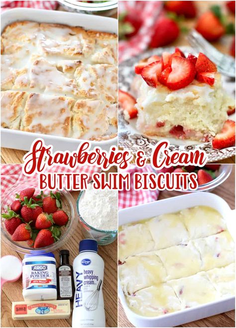 Strawberries and Cream Butter Swim Biscuits are simple, sweet biscuits that don't even require a biscuit cutter! Fluffy biscuits baked in butter and topped with a sweet icing! Butter Swim Biscuits, Swim Biscuits, Strawberry Butter, Fluffy Biscuits, Cream Biscuits, Biscuit Rolls, Country Cook, Cream Butter, Biscuit Bake