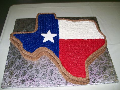 State of Texas - Deep chocolate cake with deep chocolate buttercream frosting and vanilla frosting piped on the top in the colors. The star is vanilla fondant. Texans Cake, Texas Cake, Texas Shape, Dessert House, Texas Theme, Bottle Cake, Shape Vector, Cake Templates, Chocolate Buttercream Frosting