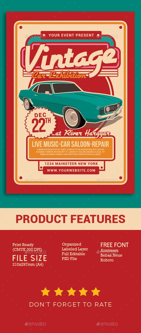 Vintage Car Exhibition. Customizable professional template for an event flyer. #FlyerTemplate #flyer #event #GraphicTemplate #design #PrintDesign #auto #automotive #CarShow #classic #convertible #creative #driver #engine #EventCar #fast #festival #HotRod #invitation #MotorCar #motorsport #MuscleCar #old #post #races #racetrack #racing #retro #show #star #stars #template #vintage #wheel