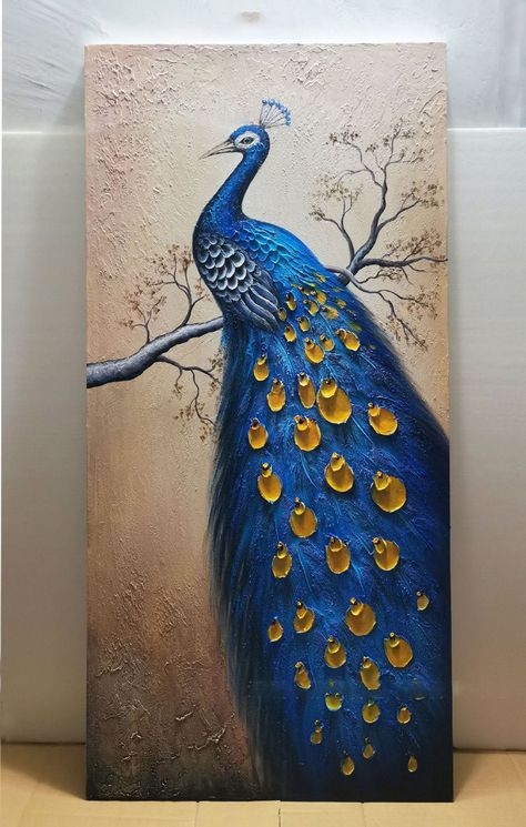 Peacock Painting On Canvas Acrylics, Interior Design Royal, Vertical Paintings, Interior Design Art Deco, Simple Wall Paintings, Bird Painting Acrylic, Bird Paintings On Canvas, Peacock Canvas, Design Art Nouveau