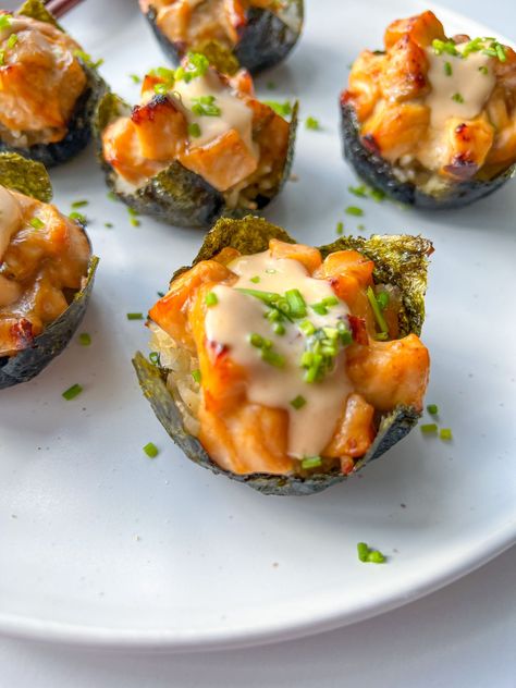 Sushi Bake Cups, Salmon Sushi Cups, Sushi Cups, Sushi Cupcakes, Boat Recipes, The Modern Nonna, Salmon Bake, Modern Nonna, Sushi Bake