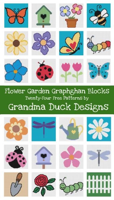 These Twenty-four free graphghan blocks designed for crochet feature fun garden inspired images including flowers, birdhouses, butterflies, caterpillars, dragonflies, ladybugs, bee, watering can and more!  Bring a flower garden into the house and create a blanket or pillow featuring these whimsical designs.  Each block is 60x60, written for single crochet.  Patterns include graphs and written row-by-row instructions. Crochet Blanket With Flowers, Tapestry Crochet Square Pattern, Crochet Graphgan Patterns Free C2c, Graphghan Patterns Free, Crochet Flower Graph, Intarsia Crochet Patterns, C2c Flower Graph, Crochet Butterfly Blanket, Single Crochet Graphghan Patterns Free