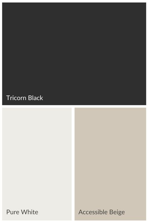 Tricorn Black and complementary paint colors Black And Tan Paint Scheme, Iron Ore And Greek Villa, Accessible Beige And Tricorn Black, Sherwin Williams Iron Ore Color Palette, Tricorn Black Color Palette, Caviar Sherwin Williams, Tricorn Black Sherwin Williams, Sw Tricorn Black, Sherwin Williams Tricorn Black