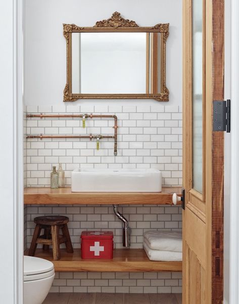 Best Professional Bath Finalist in 2014 Remodelista Considered Design Awards | Remodelista Exposed Plumbing, Copper Bathroom, Best Bath, Beautiful Bathrooms, Bathroom Inspiration, Bathroom Sink, Bathroom Interior, Design Awards, Round Mirror Bathroom