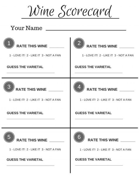 A printable wine tasting scorecard for your at home Wine Party Blind Wine Tasting Score Card, Diy Wine Tasting Party, Wine Tasting Birthday Party, Blind Wine Tasting Party, Wine Tasting Card, Wine Party Appetizers, Wine Exchange, Blind Wine Tasting, Wine Games