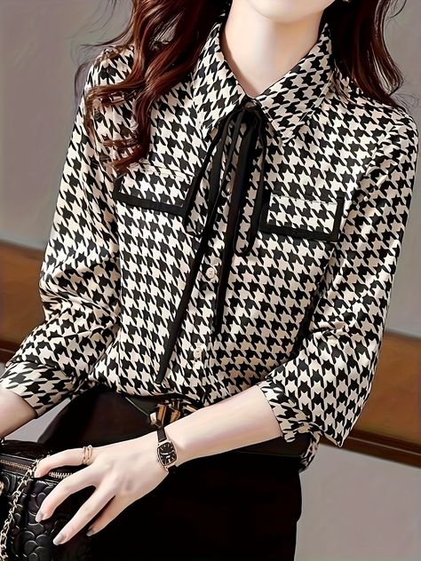 Faster shipping. Better service Houndstooth Shirt, Tie Neck Shirt, Chiffon Shirt Blouse, Y2k Aesthetic Outfits, Front Tie Shirt, Tie Front Blouse, Chiffon Shirt, Fashion Korean, Casual Fall