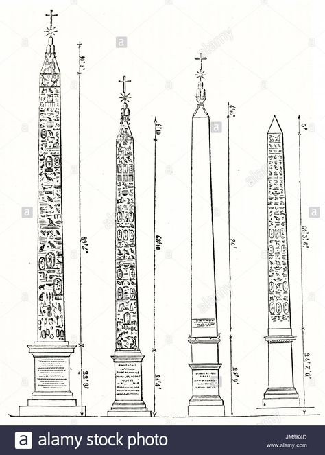 Download this stock image: Old comparative illustration of three Roman obelisks and Luxor obelisk in Paris (on the right). By unidentified author, published on Magasin Pittoresq - JM9K4D from Alamy's library of millions of high resolution stock photos, illustrations and vectors. Obelisk Tattoo, Egypt Drawing, Egyptian Drawings, Egyptian Pattern, Pole Art, Ancient Buildings, Graduation Project, Egyptian Jewelry, Old Images