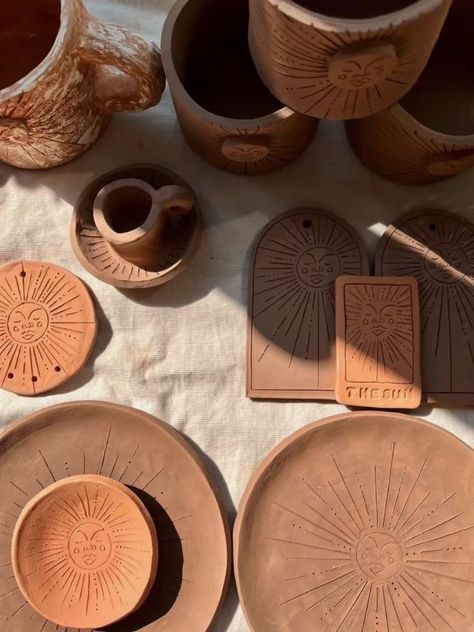 #terracotta #clay #handmade #sun #sunillustration #golden #ceramics #pottery #potteryplates #plantpots #art #handbuilt #smallbusiness #sunlight #slabpottery #etsy #handmadebyjam #candleholders #trinketdish #bisquefired #goldenhour Fun Ceramics, Sticky Hands, Terra Cotta Pottery, Clay Inspo, Wellness Studio, Homemade Art, Pottery Pot, Terracotta Clay, Pottery Crafts