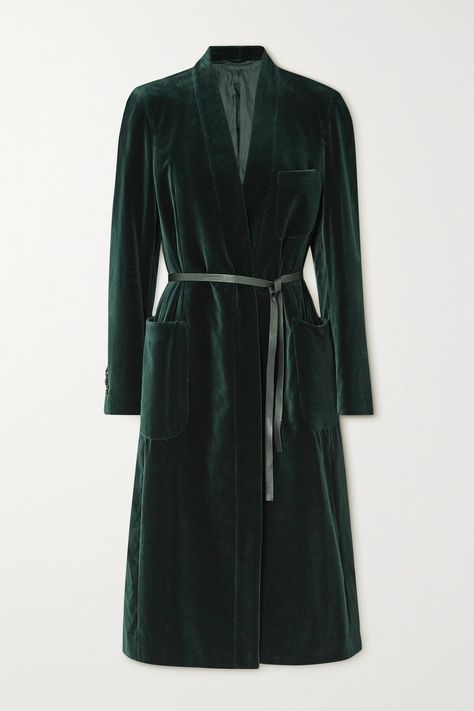 Purdey's 'Estate' evening coat exudes time-honored elegance. Made from plush 'Bottle Green' cotton-velvet, it has shawl lapels that complement the softness of the fabric and a skinny leather belt to keep it closed. Slip yours on over everything from dresses to minimalist tailoring. Cotton Velvet Dress, Velvet Coat Women, Color Moodboard, Wool Coat Outfit, Angel Dresses, Boho Fall Outfits, Olive Green Coat, Green Velvet Jacket, Green Wool Coat