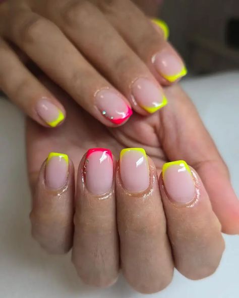 25 Summer Neon French Nails Looks: Bright Colors, Designs, and Ideas for Every Nail Shape Neon Ballerina Nails, French Nails With Neon Tip, French With Neon Tip, Neon Yellow Nails French Tip, Neon French Manicure Short Nails, Neon Pink And Yellow French Tip Nails, Neon French Tip Nails, Ballerina Nails Shape, Neon Blue Nails