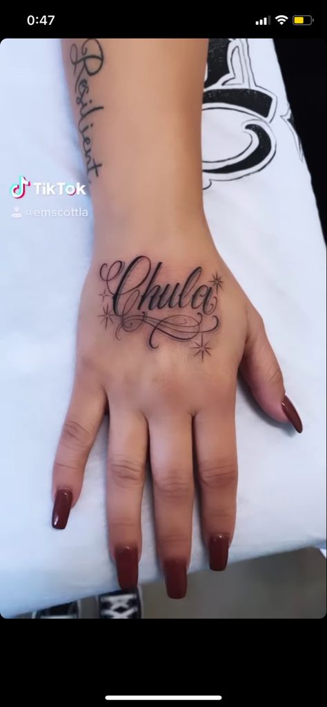 Full Name Tattoos, Chicana Small Tattoos, Hand Cursive Tattoo, Mexican Saying Tattoos, Chicana Tattoos For Women Lettering, Caligraphy Tattoos Women, Heaven Sent Tattoo Word, Name On Hand Tattoos For Women, Chicano Tattoos For Women Small