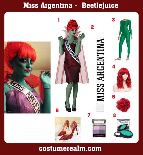 Dress Like Beetlejuice Miss Argentina Costume For Halloween Miss Argentina Beetlejuice Costume, Ms Argentina Beetlejuice, Miss Argentina Costume, Beetlejuice Miss Argentina, Beetlejuice Waiting Room, Beetlejuice Costumes, Miss Argentina Beetlejuice, Red Hair Costume, Beetlejuice Halloween Costume