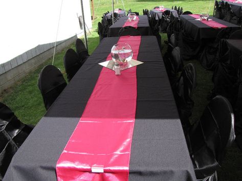 gray tablecloths w/pink runners maybe teal instead of pink for me Black Table Cloth, Mexican Fiesta Bridal Shower, Diy Bridal Shower Gifts, Bridal Party Photography, Diy Backyard Wedding, Bridal Shower Decorations Diy, Hot Pink Weddings, Black Tablecloth, Black Bows