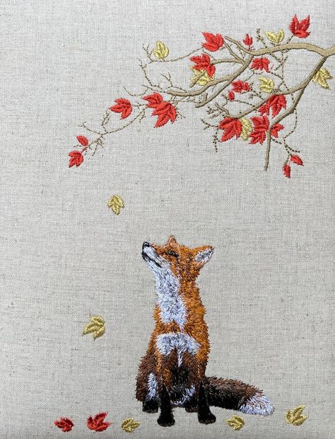 Autumn Fox Framed Picture. Original Embroidered Textile Art - Etsy UK Fox Autumn, Autumn Embroidery, Fox Embroidery, Animal Embroidery Designs, Natural Linen Fabric, Thread Painting, Yorkshire Dales, Ribbon Work, Art Textile