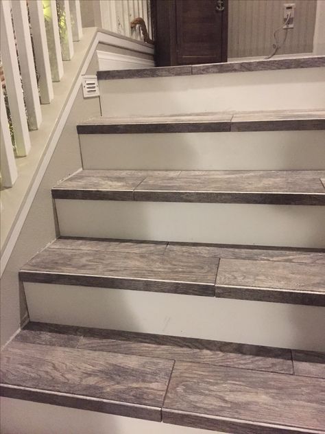 Wood look tiled stair case Redo Stairs, Tiled Staircase, Stair Makeover, Flooring For Stairs, Escalier Design, Tile Stairs, Staircase Remodel, Staircase Makeover, Stair Remodel