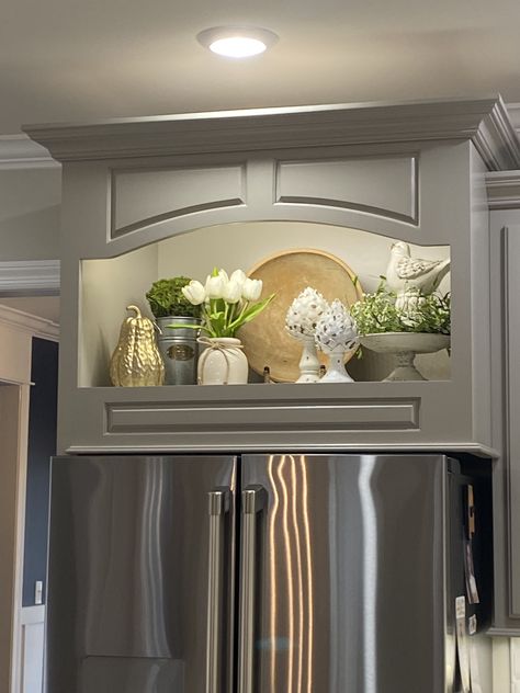 Above Bathroom Cabinet Decor, Decorations Over Kitchen Cabinets, Above Microwave Decor, Open Concept Kitchen Decorating Ideas, Styling Above Refrigerator, On Top Fridge Decor, Decorate On Top Of Fridge, End Cabinet Decor, How To Decorate On Top Of Refrigerator