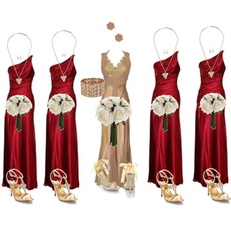 Maid of honor and bridesmaids dresses :) maybe do all in red Red And Gold Wedding, Wedding Party Attire, Red Gold Wedding, Wedding Colors Red, Vintage Wedding Party, Red Wedding Theme, Red Rose Wedding, Gold Bridesmaid Dresses, Gold Bridesmaids