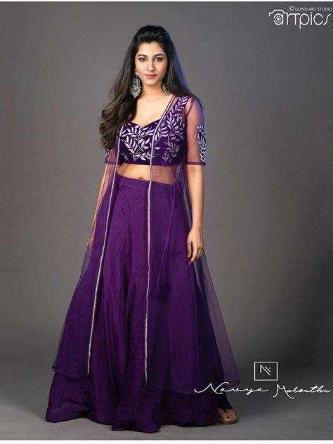 Crop Top Lehenga With Over Coat, Crop Top Skirt With Jacket Indian, Long Jacket Outfit Indian Wedding, Purple Lehenga Designs, Purple Colour Dress, Long Skirt Top Designs, Long Skirt And Top, Gown Party Wear, Long Gown Design