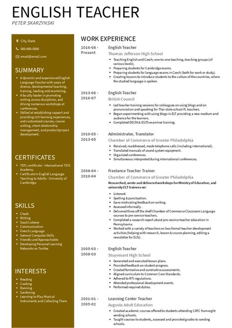 Resume Teacher Examples, Esl Teacher Resume, English Cv Examples, Cv Teacher Education, Cv For Teachers Teaching Jobs, Resume For Teacher Job, English Teacher Cv, Cv Model, Teaching Resume Examples