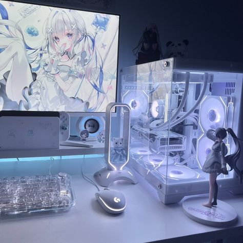 🫧 #figurecollection #animefigure #setup #white #decoration #whitesetup #fyp #room #whitegamingsetup #gamingsetup #cyberroom #cybercore #cyber Cybercore Room, Apple Ecosystem, Blue Board, Desk Setups, White Decoration, Pc Setups, Setup Ideas, Room Desk, Gaming Room Setup