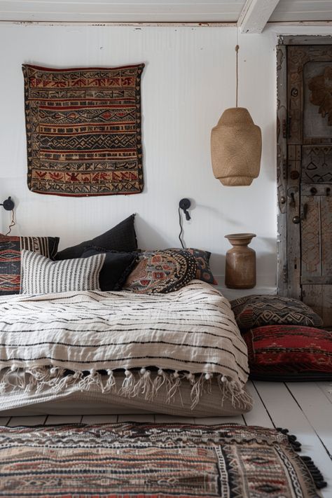 47+ Boho Bedroom Ideas Perfect for Chic, Relaxed Living Platform Bed Ideas Bedrooms, Africa Decor, Bohemian Bedroom Inspiration, Low Platform Bed, Platform Bedroom, Large Floor Cushions, Earthy Bedroom, Global Textiles, Boho Bedroom Ideas