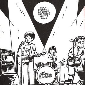 Present - Crash and the boys - These are a band that are included in the Scott Pilgrim novels. They were also adapted into a band for the movie, with actual music. (Ugo, 2011) Bryan Lee O Malley, Scott Pilgrim Vs The World, Scott Pilgrim Comic, Bryan Lee, Scott Pilgrim Vs. The World, Vs The World, Comic Book Style, Scott Pilgrim, The Boys