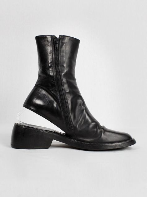 Ann Demeulemeester black ankle boots with cut out heel (36) — spring 1994 - V A N II T A S Heliot Emil, Socks Boots, Ann Demeulemeester, Couture Collection, Lace Boots, Black Ankle Boots, Gladiator Sandals, Her Style, Knee High Boots