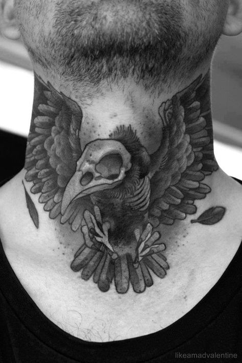 #Tattoo #Crow #Neck #Photography #Wings #Bird #Feathers Best Neck Tattoos, Vogel Tattoo, 2 Tattoo, Throat Tattoo, Crow Tattoo, John Hancock, Neck Tattoo For Guys, Raven Tattoo, Neck Tattoos