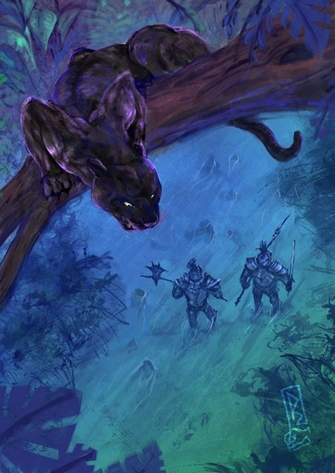 Giant Panther Fantasy Art, Fantasy Panther Art, Panther Fantasy Art, Animism Aesthetic, Panther Art Illustration, Fantasy Jaguar, Panther In Tree, Fantasy Panther, Panther In Jungle