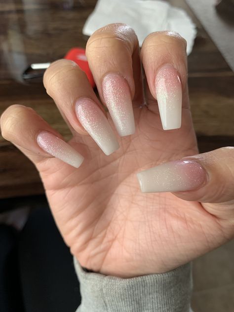 Glitter Gradient Nails Acrylic, Ambre Nails Ombre Sparkle, White Ombre With Glitter, Ambre Nails Ombre Pink And White Glitter, Sparkly Ombre Nails, Pink Glitter Gradient Nails, Ombré Glitter Nails, Glitter Gradient Nails, Ombré Glitter