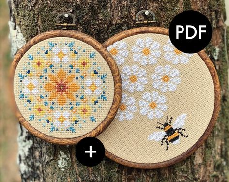 Stay inspired and have fun by MarianaGoncalvesART on Etsy Ladybug Cross Stitch Pattern Free, Daisy Cross Stitch Pattern, Bumble Bee Cross Stitch, Daisy Cross Stitch, Cross Stitch Bee, Bee Cross Stitch Pattern, Free Cross Stitch Designs, Stitches Design, Mini Mandala