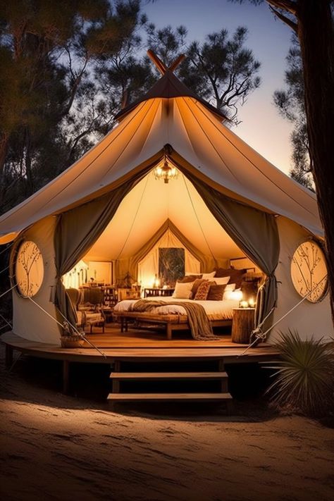 A luxurious glamping site that doesn't skimp on comfort, featuring plush cushions, a cozy fire pit, and high-end amenities. Tents Camping Glamping, Yurt Camping, Glamping Ideas, Tent Living, Glamping Resorts, Luxury Glamping, Glamping Site, Luxury Tents, Bell Tent