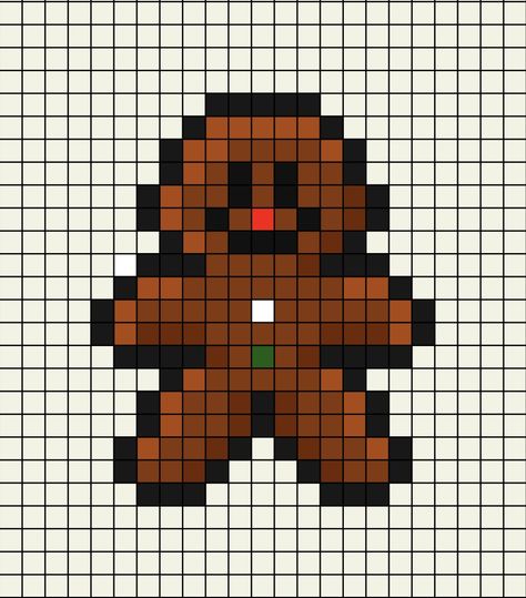 A pixel art template of a Gingerbread Man with shading, white, red (nose) and dark green buttons. Gingerbread House Pixel Art, Gingerbread Pixel Art, Xmas Pixel Art, Pixel Art Grid Christmas, Merry Christmas Pixel Art, Small Christmas Pixel Art, Christmas Pixel Grid, Winter Pixel Art, Christmas Pixel