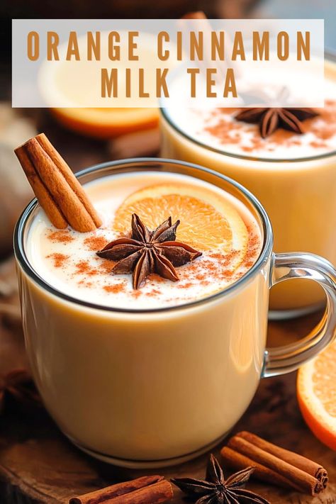 Orange Cinnamon Milk Tea is a cozy drink made with black tea, fresh orange peel, cinnamon, vanilla, and milk. Perfect for relaxing or spicing up your tea routine! Cinnamon Milk Tea, Jasmine Milk Tea Recipe, Moroccan Mint Tea Recipe, Spiced Tea Recipe, Orange Spice Tea, Milk Thistle Tea, Mint Tea Recipe, Cinnamon Drink, Licorice Tea