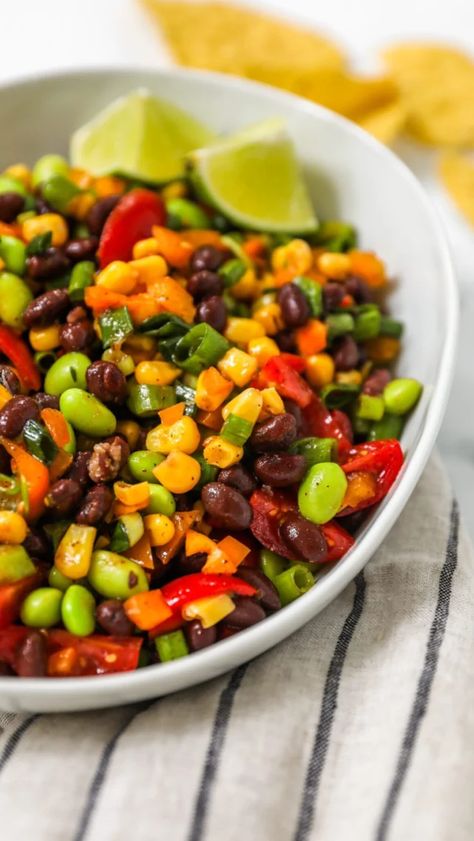 Edamame Corn and Black Bean Salad - Tara Rochford Nutrition Edamame Corn Salad, Edamame Succotash, Corn And Black Bean Salad, Foods That Contain Protein, Black Bean Corn Salad, Corn And Black Bean, Edamame Recipes, Gluten Free Salads, Black Bean Salad