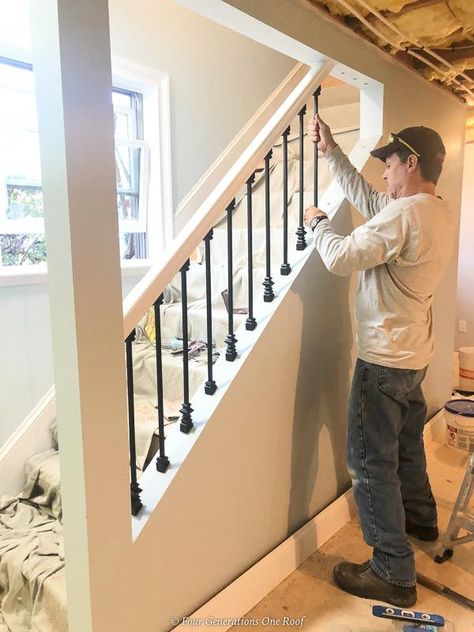 See why Why We Opened Up our Basement Staircase and Installed Iron Balusters on a budget to create an open concept feel in our basement. #diystairs #stairsdecor Open Basement Stairs, Basement Stairway, Basement Stair, Basement Staircase, Stairs Makeover Ideas, Open Basement, Basement Stairs Ideas, Basement Decoration, Stairs Renovation