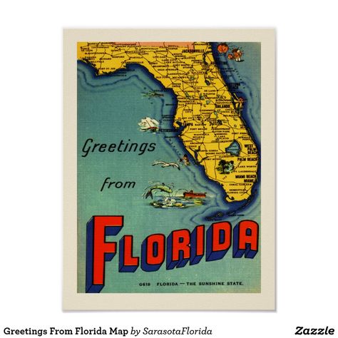 Waiting Room Decor, Florida Postcard, Florida Poster, Florida Map, Map Of Florida, Wall Art Office, Postcard Collection, State Of Florida, Framed Maps