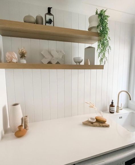 Kitchen With Vj Panelling, Laundry Floating Shelving Ideas, Vj Panelling Laundry, Laundry Splashback, Vj Panelling, Stair Paneling, Laundry Room Inspiration, Wall Panelling, We Are Coming